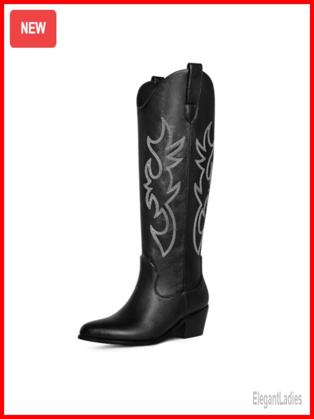 Women's Knee High Cowboy Boots with Embroidered Detail, Block Heel, Wide Calf,